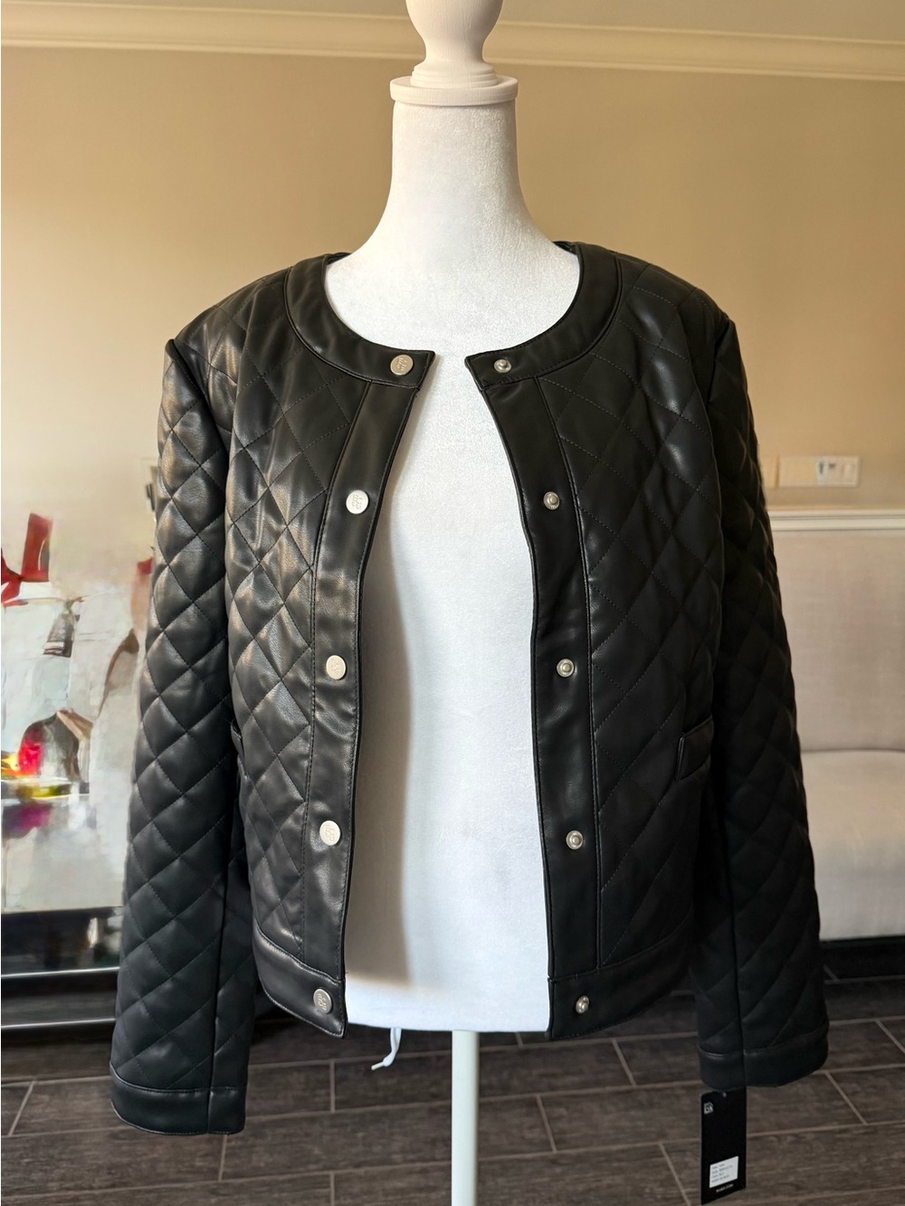 BCBG Quilted Black Leather Snap-Front Jacket